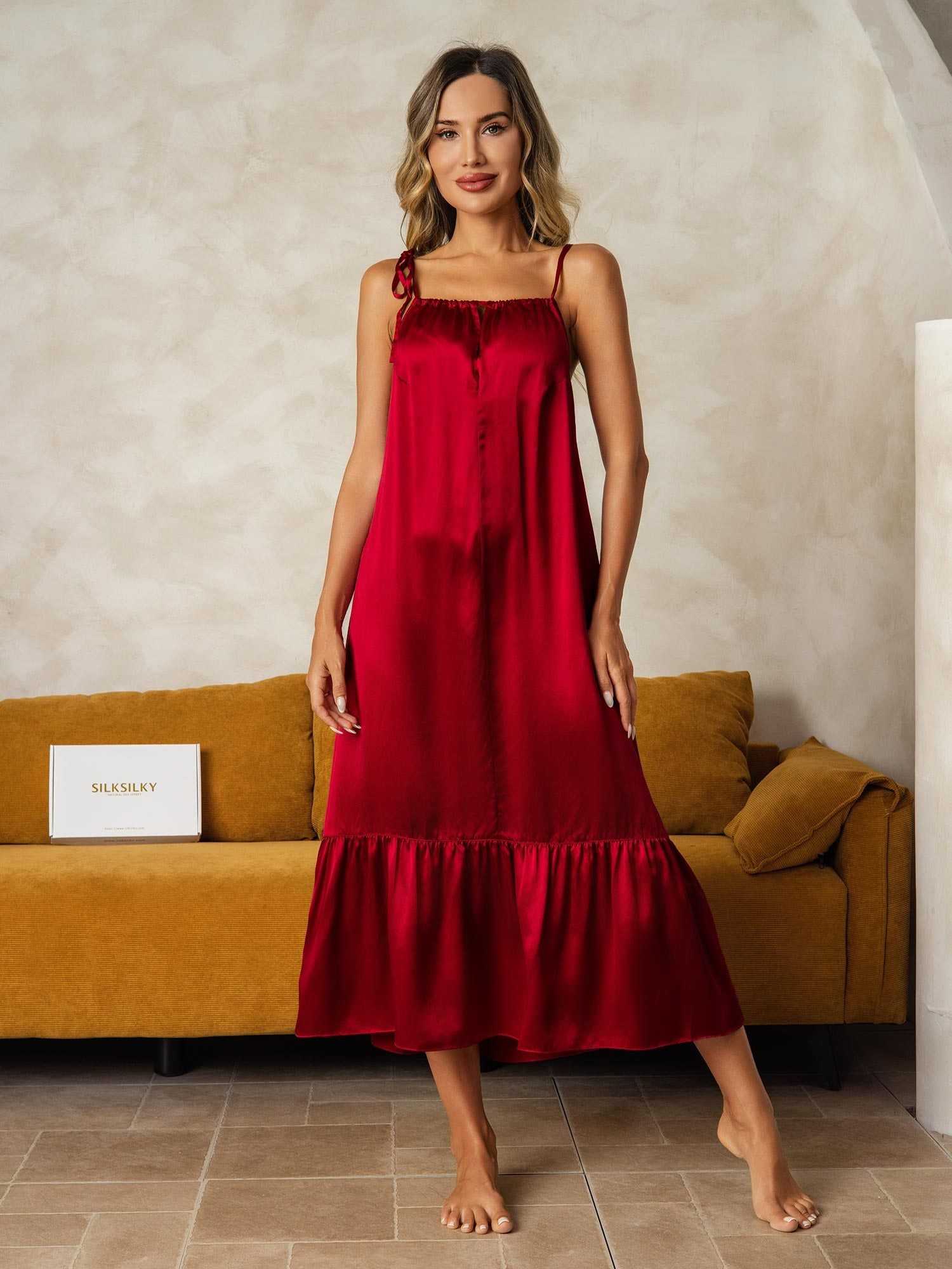 [Wine] SilkSilky-UK Pure Silk Keyhole Neck Nightdress 001