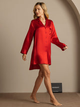 [Red] SilkSilky-UK Long Sleeve Lapel Collar Nightshirt 004