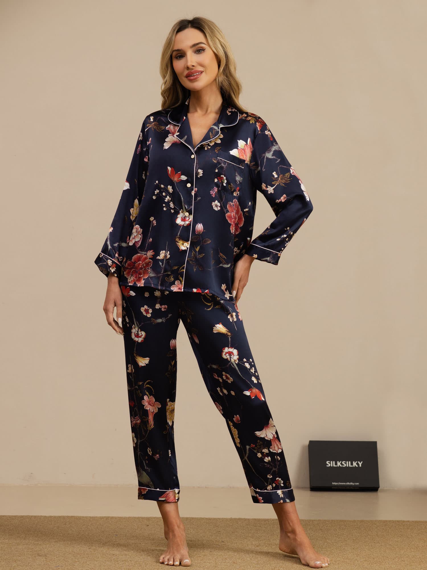 [Navy Floral] SilkSilky-UK Long Sleeve Notch Collar Women's Pyjamas 001