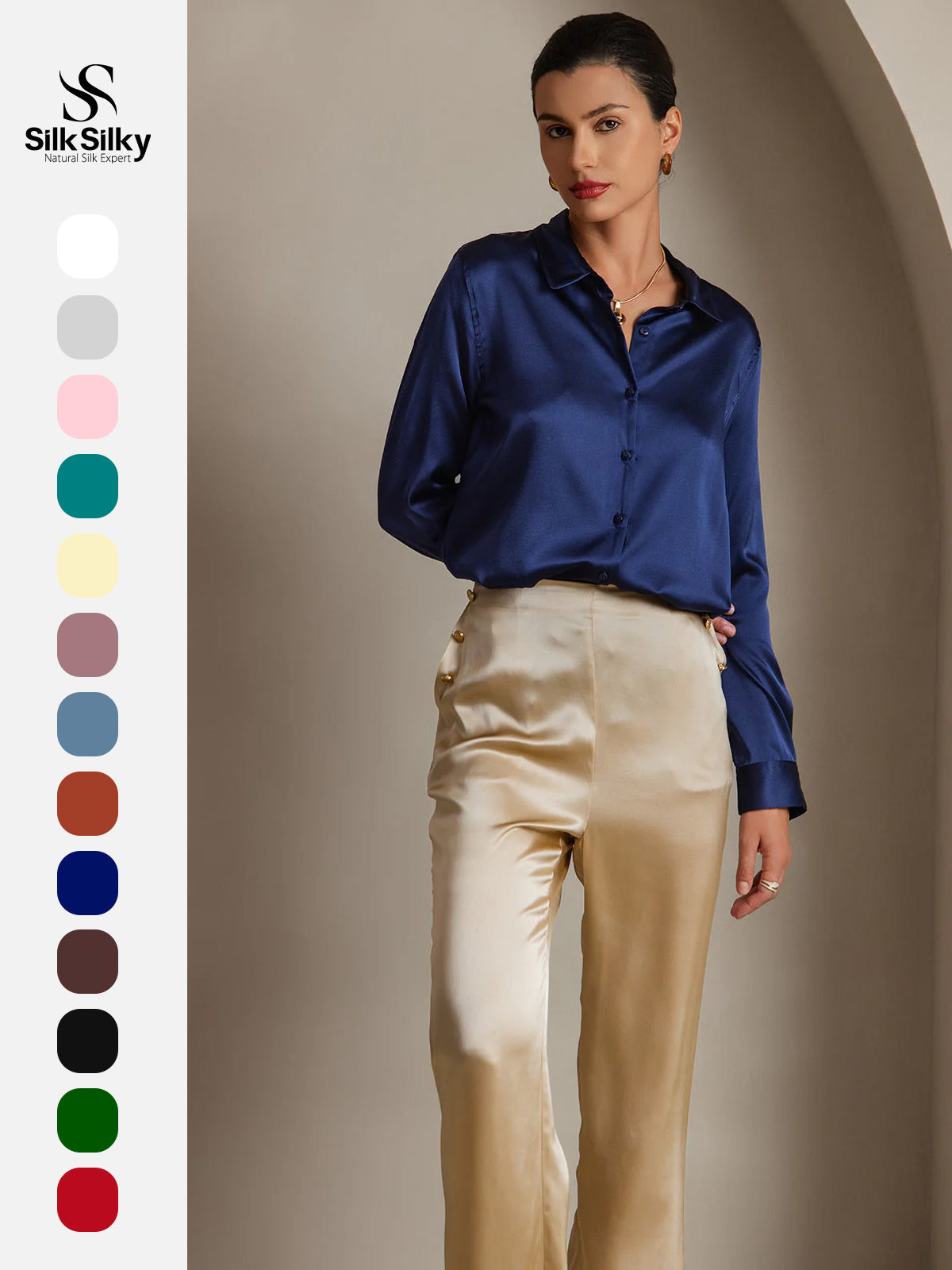 [Dark Blue] SilkSilky-UK Silk Long Sleeve Collar Women's Shirt 001