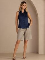 [Dark Blue] SilkSilky-UK Sleeveless Lapel Collar Women's Shirt 007