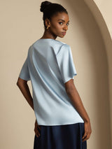 [Grayish Blue] SilkSilky-UK Short Sleeve Cowl Neck Women's Blouse 002