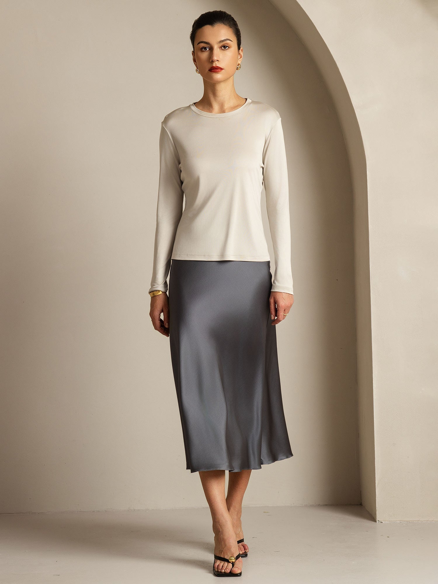 [Gray] SilkSilky-UK Pure Silk Womens T-Shirt 007,