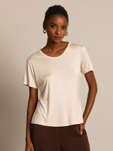 [Beige] SilkSilky-UK 100% Silk Jersey Short Sleeve Round Neck Women's T-Shirt 005