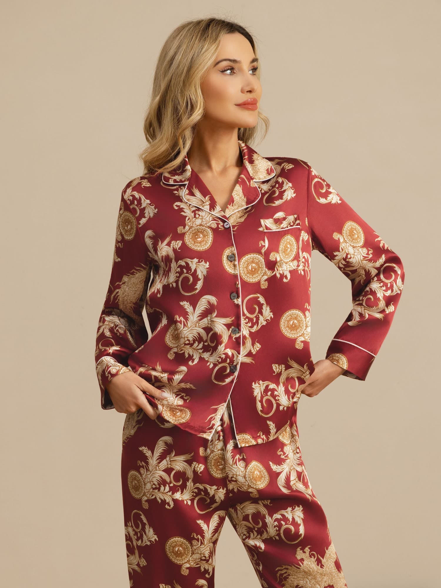 [Wine Dragon] SilkSilky-UK Long Sleeve Notch Collar Women's Pyjamas 003