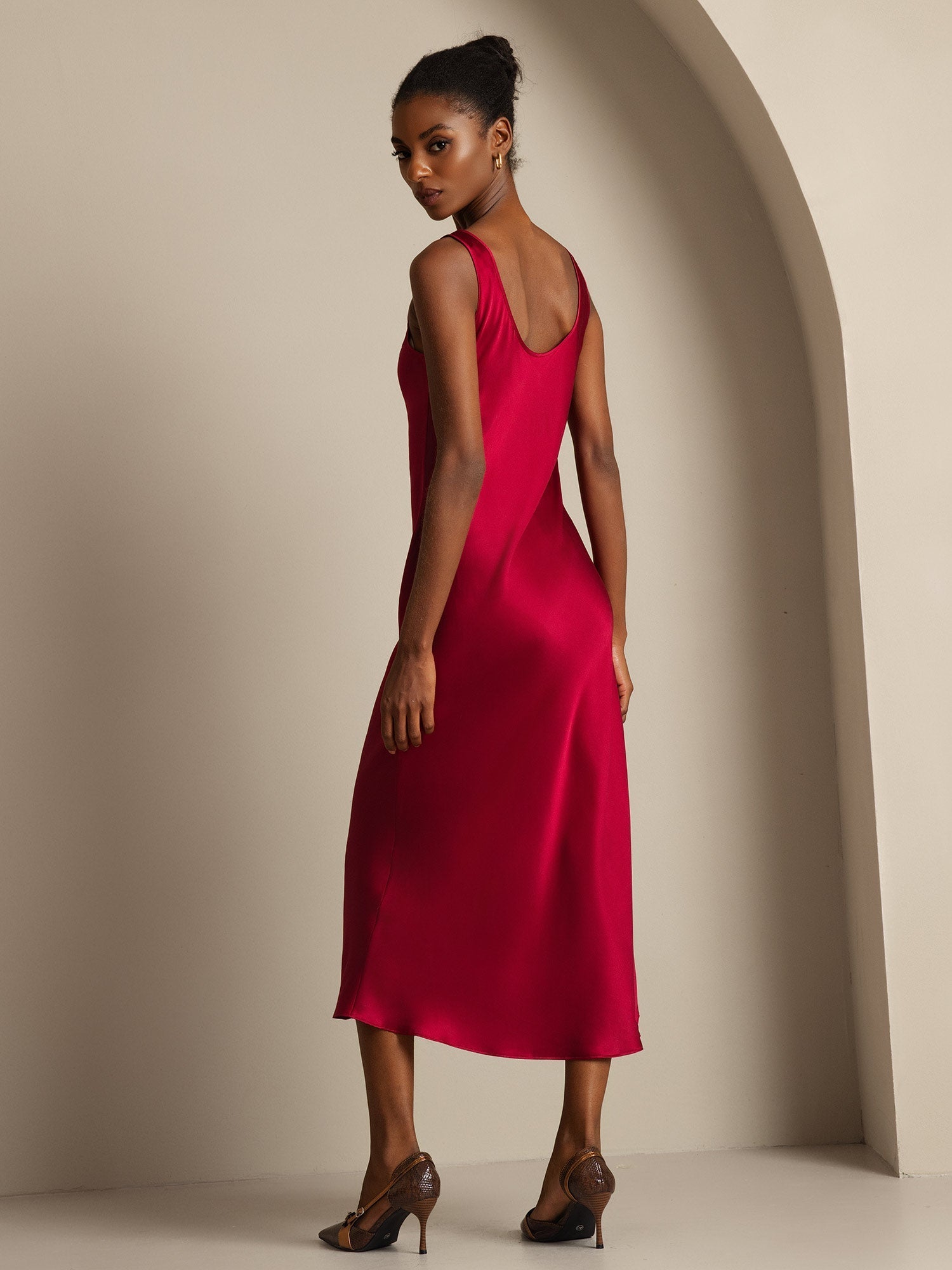 [Wine] SilkSilky-UK Pure Silk Boat Neck Dress 002,