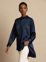 [Dark Blue] SilkSilky-UK 19Momme Stretch Silk Charmeuse Long Sleeve Stand Collar Blouse 004