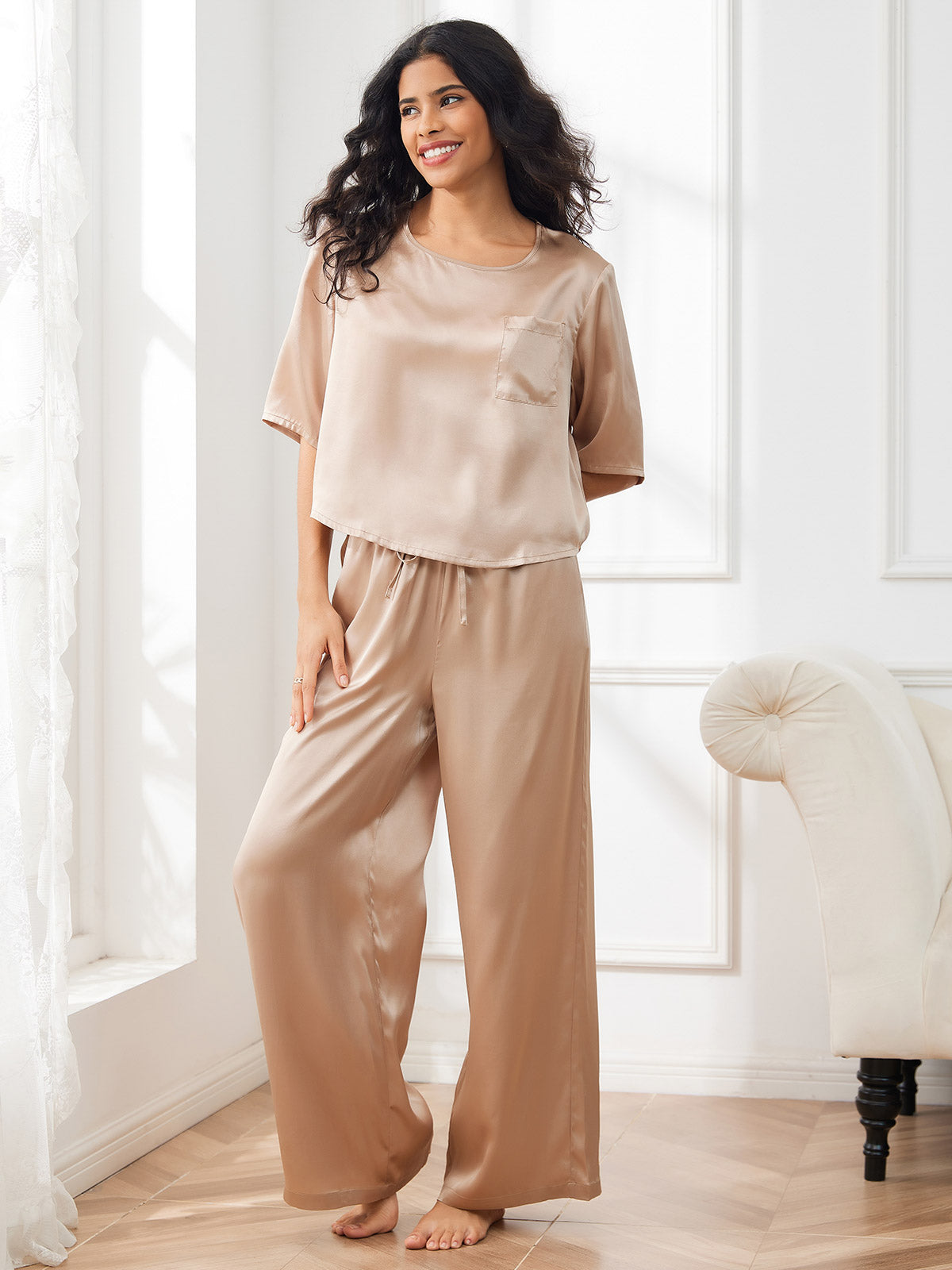 [Champagne] SilkSilky-UK Half Sleeve Round Neck Women's Pyjamas 006