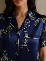 [Navy Zebra] SilkSilky-UK Short Sleeve Lapel Collar Women's Pyjamas 004