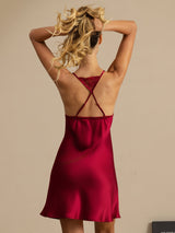 [Wine] SilkSilky-UK Spaghetti Strap Deep V Neck Nightdress 002