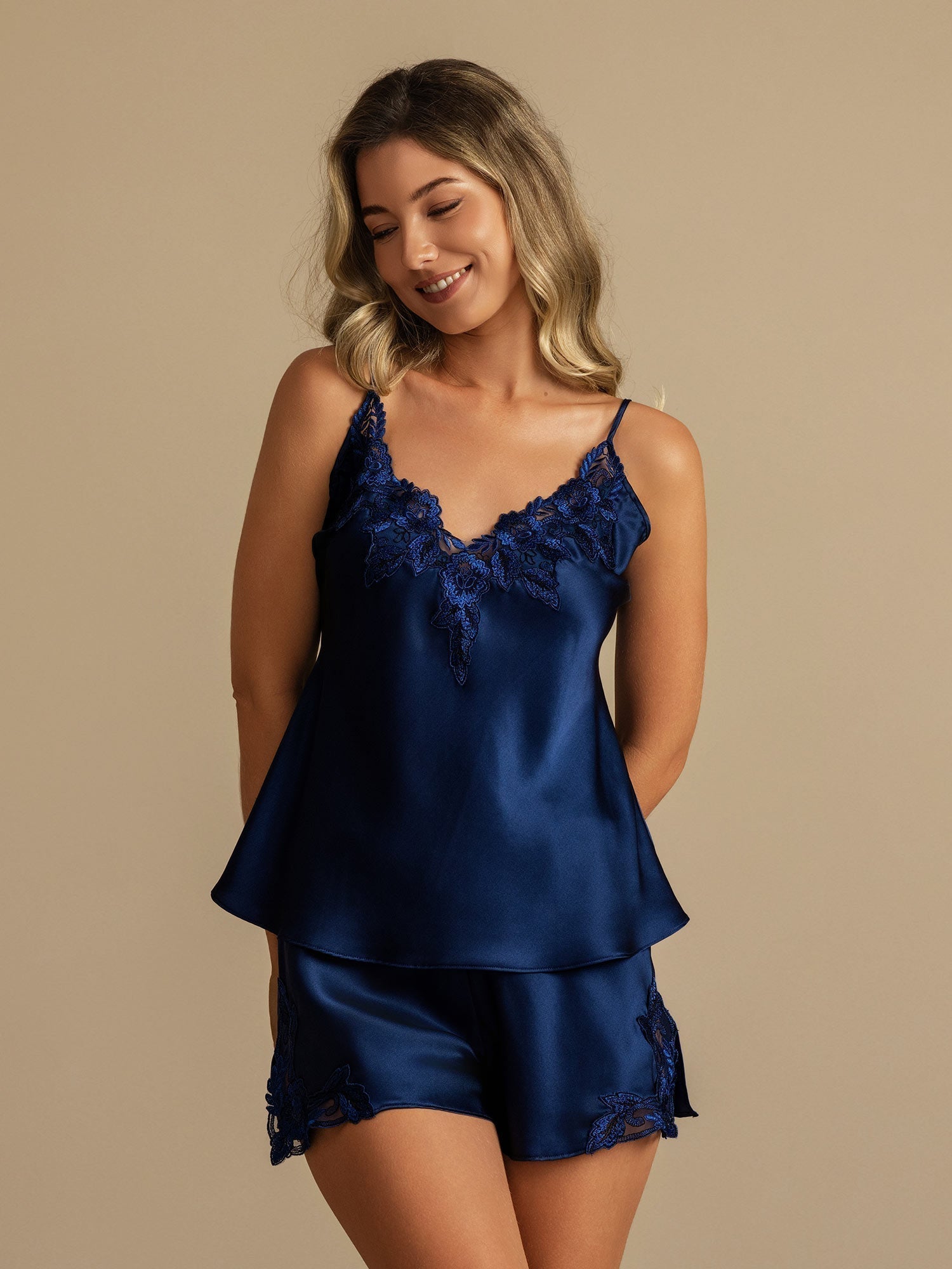 [Dark Blue] SilkSilky-UK Pure Silk V Neck Camisole Set 001,