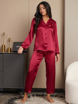 [Wine] SilkSilky-UK Long Sleeve Lapel Collar Women's Pyjamas 001