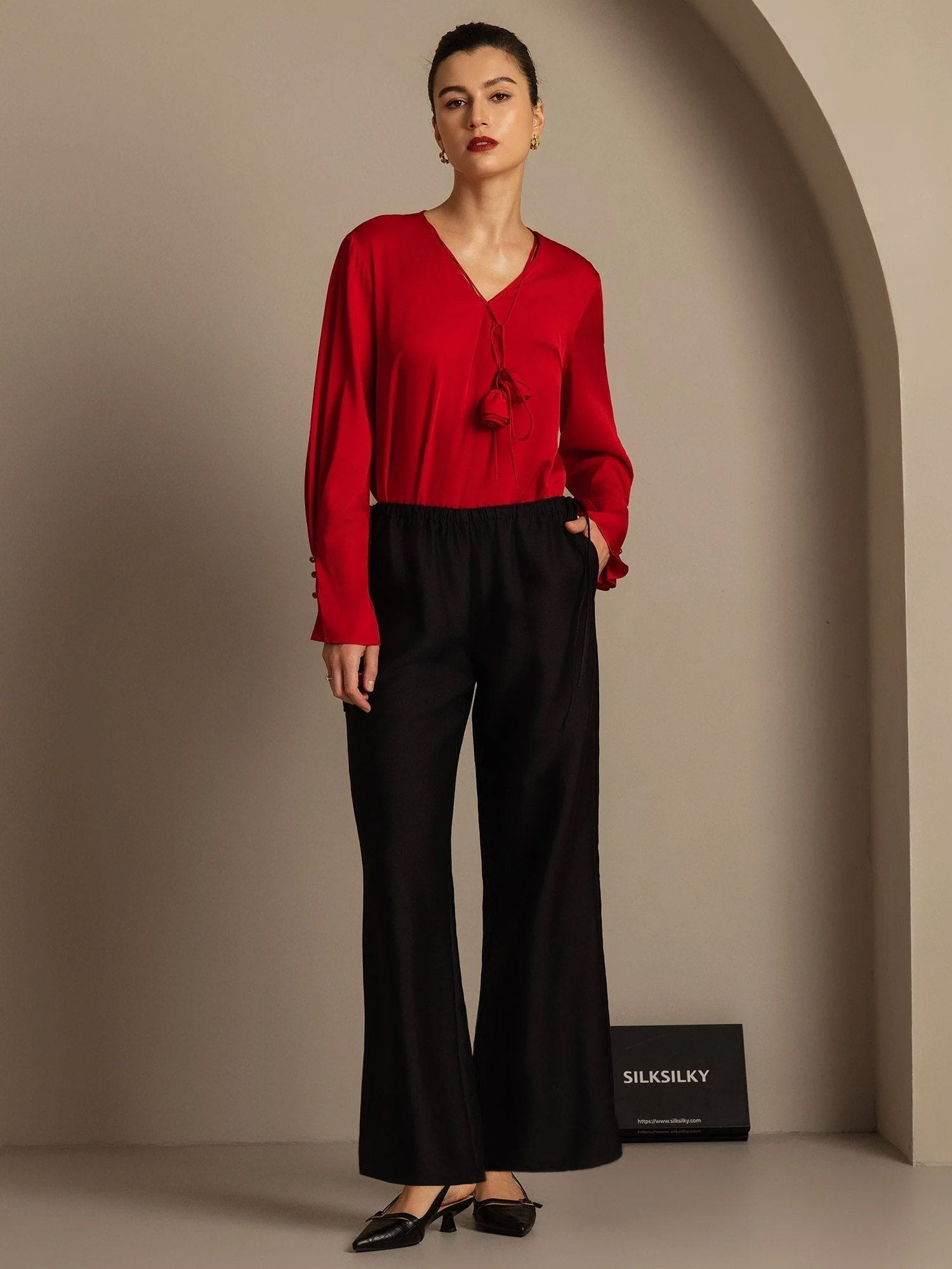 [Black] SilkSilky-UK 32Momme Silk-Wool Blend Womens Pants 007,