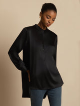 [Black] SilkSilky-UK 19Momme Stretch Silk Charmeuse Long Sleeve Stand Collar Blouse 001