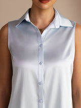 [Light Blue] SilkSilky-UK Sleeveless Lapel Collar Women's Shirt 004