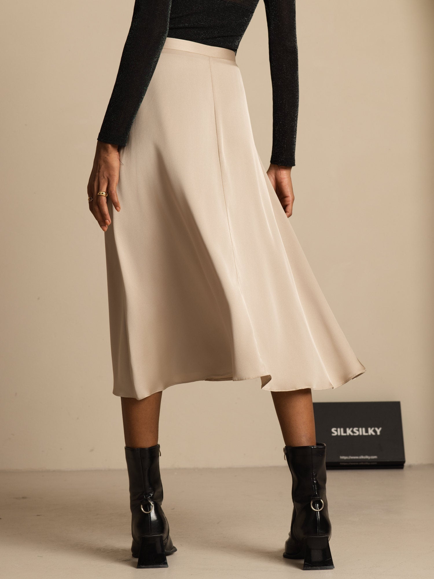 [Tan] SilkSilky-UK 19Momme Stretch Silk Double Georgette Skirt 002