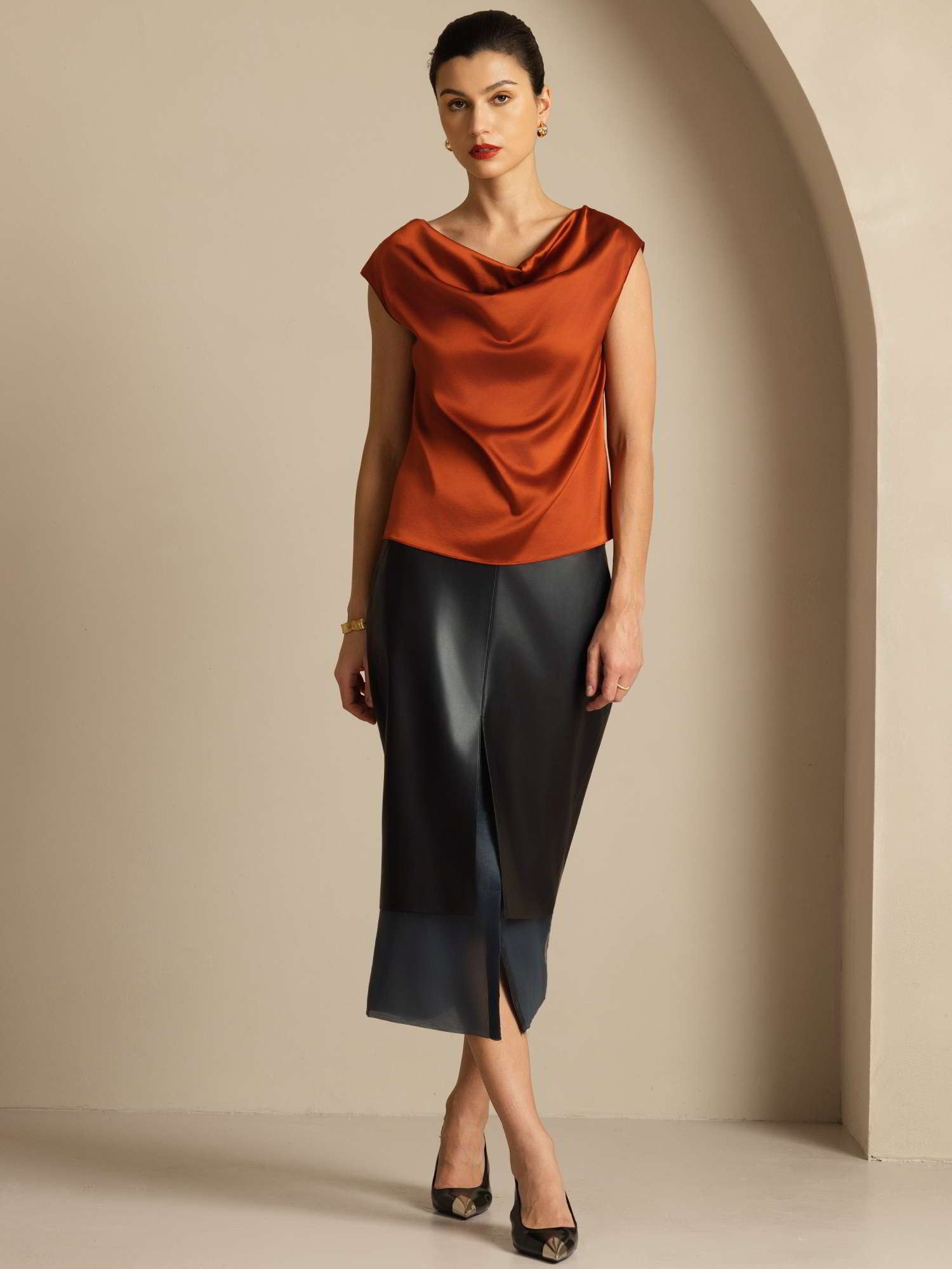 [Caramel] SilkSilky-UK 19Momme Silk Cap Sleeve Cowl Neck Women's T-Shirt 007