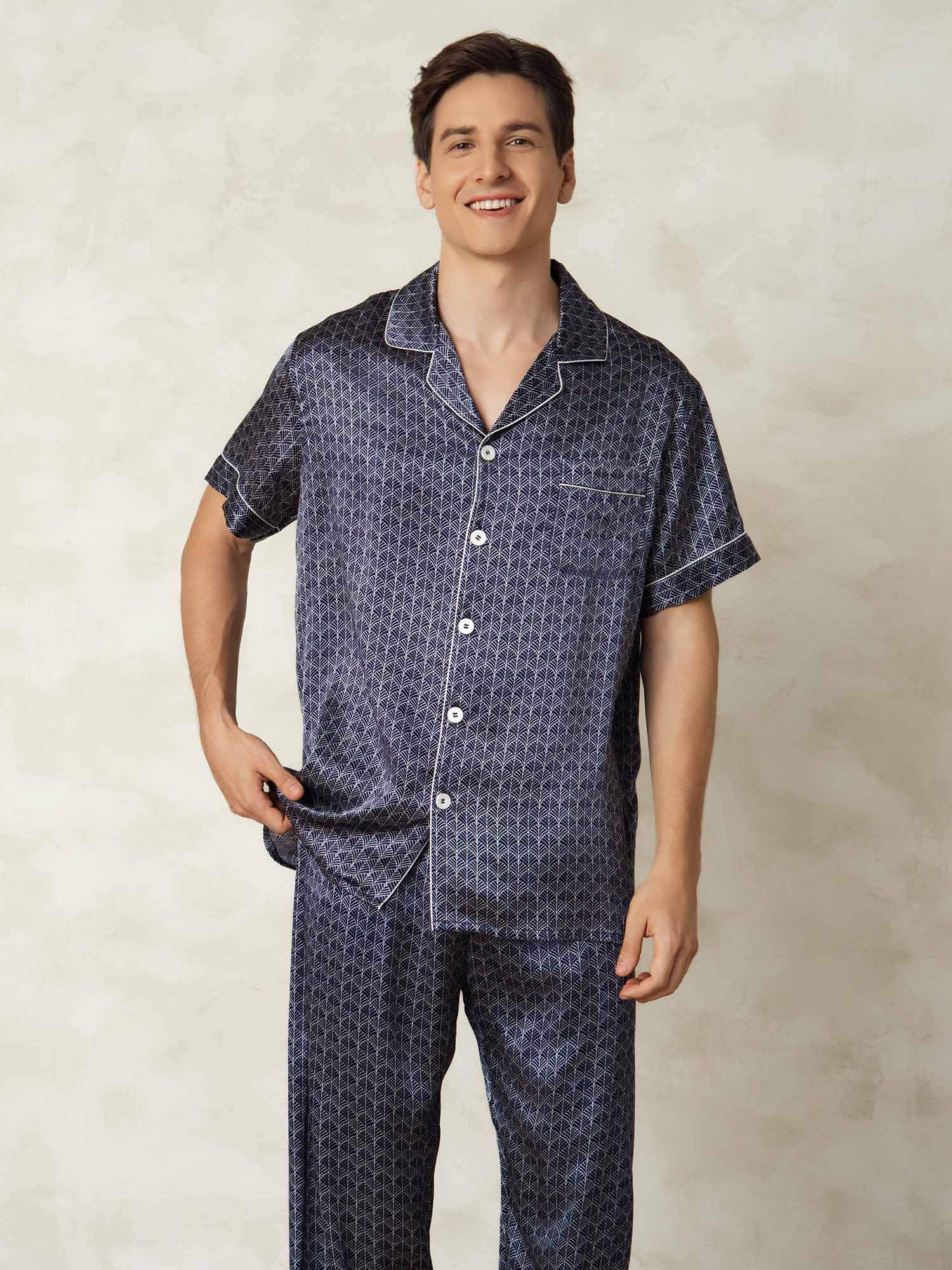 [NavyGinkgo] SilkSilky-UK Pure Silk Collar Men's Pyjamas 004