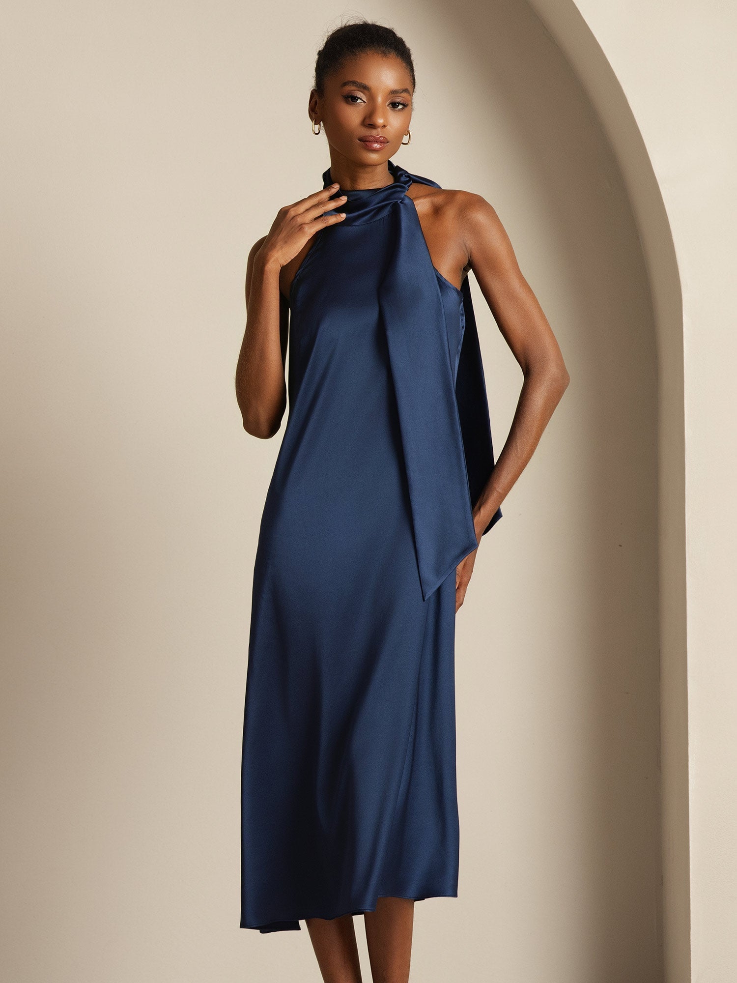 [Dark Blue] SilkSilky-UK 19Momme Silk Tie Neck Dress 009,