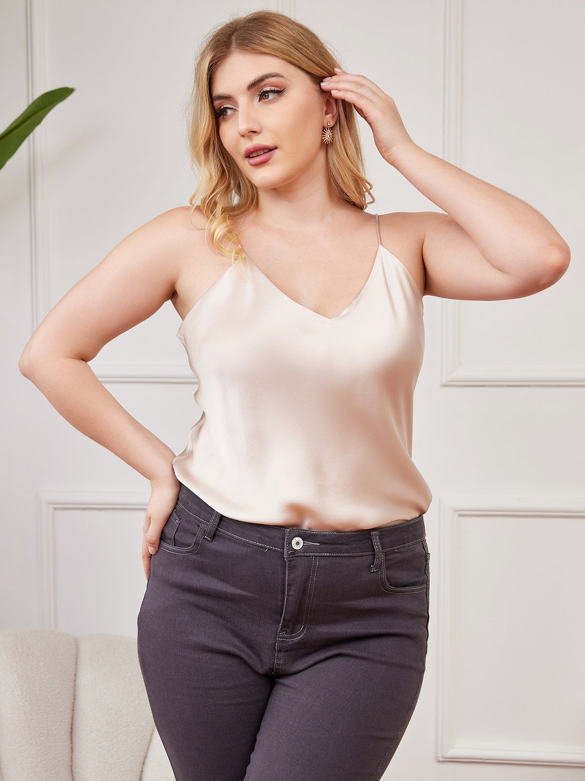 SilkSilky-UK Pure Silk V Neck Plus Size Camisole Top Beige 001