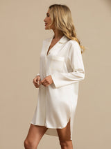 [White] SilkSilky-UK Long Sleeve Lapel Collar Nightshirt 005