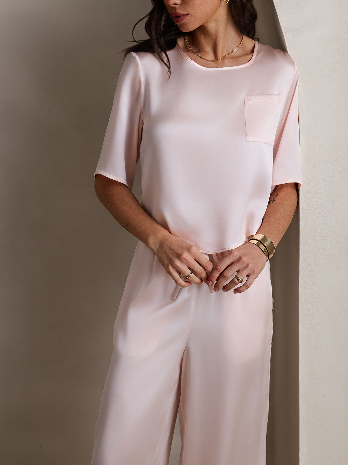 [Pink] SilkSilky-UK Half Sleeve Round Neck Women's Pyjamas 007