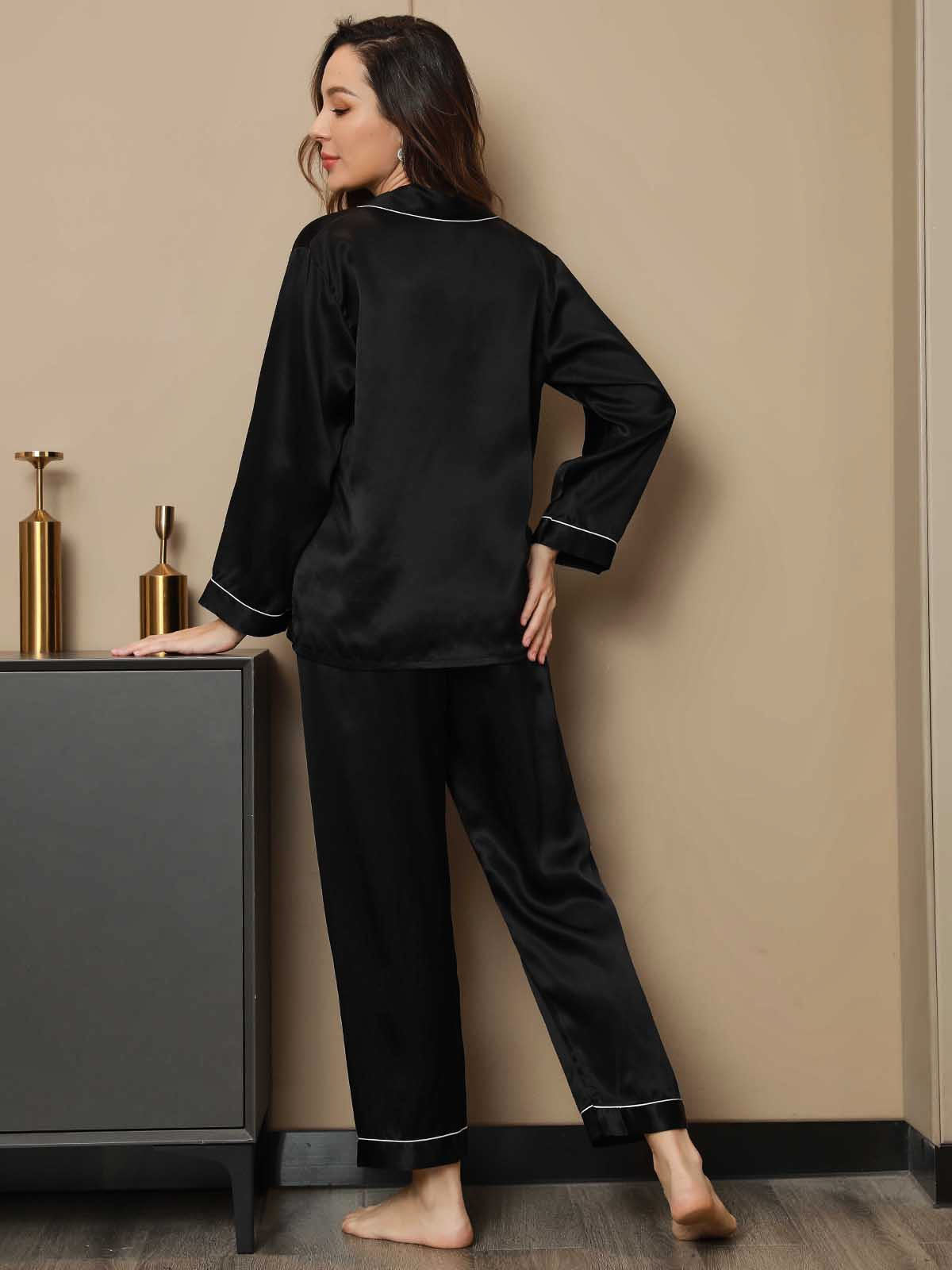 SilkSilky-UK Pure Silk Long Sleeve Lapel Women's Pyjamas Black 002