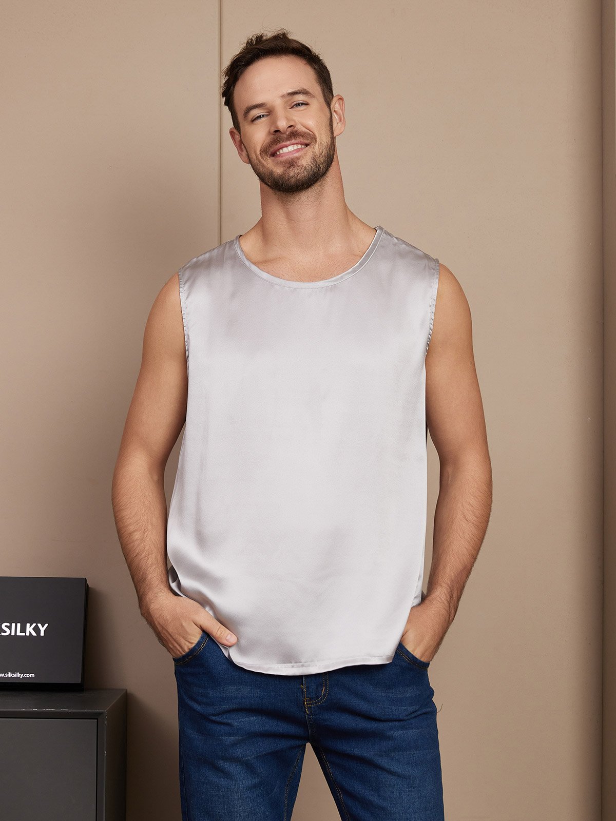 SilkSilky UK Pure Silk Sleeveless Mens T Shirt Silver 001