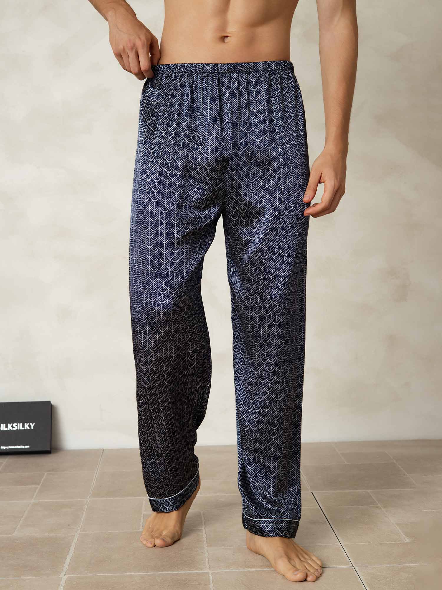 [Navy Ginkgo] SilkSilky-UK Pure Silk Mens Sleep Bottoms 001