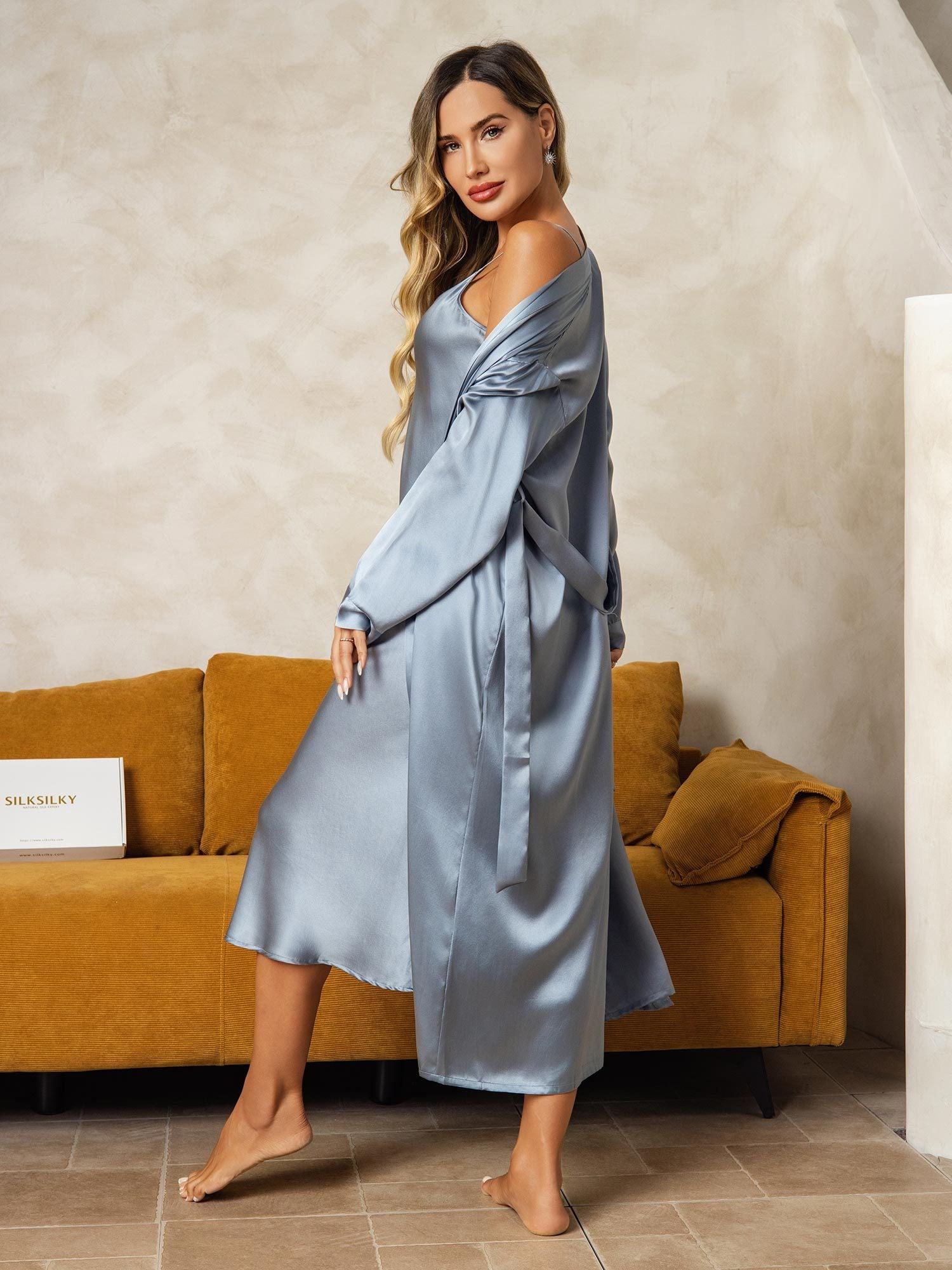 [GrayishBlue] SilkSilky-UK Pure Silk V Neck Nightdress&Dressing gowns 002