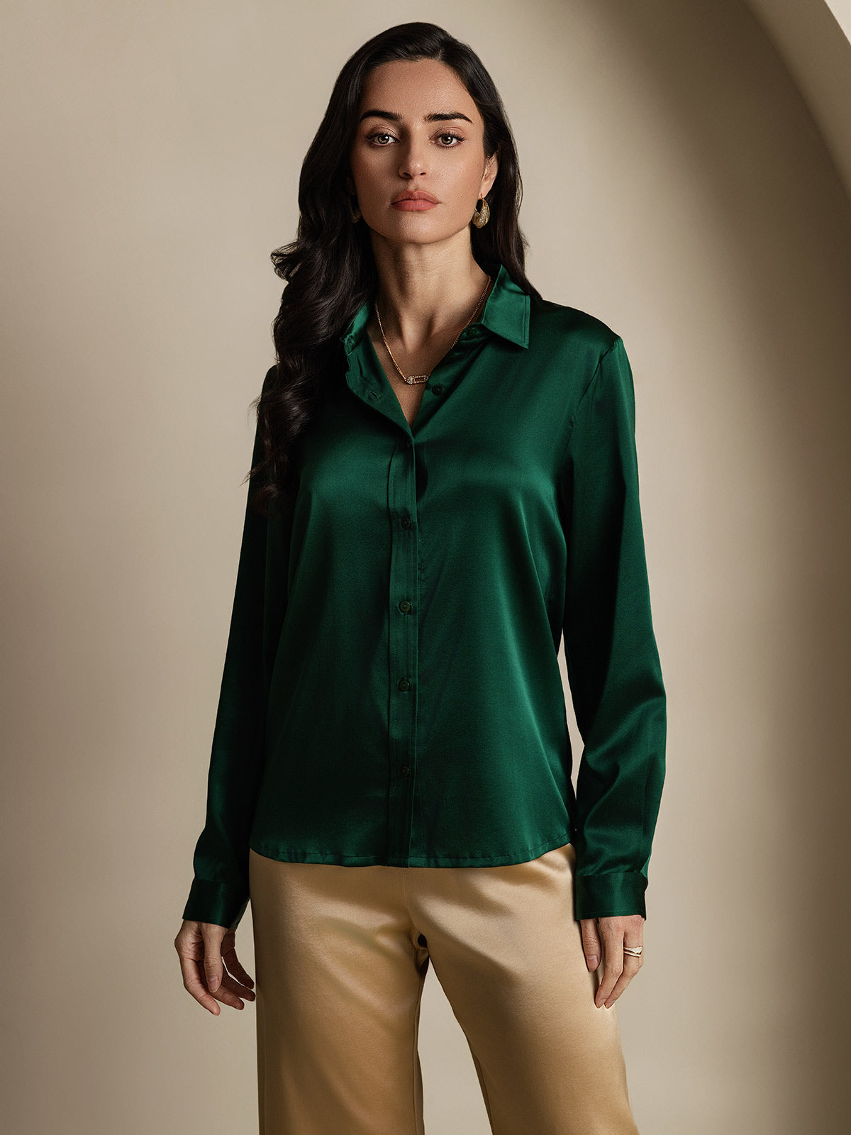 SilkSilky-UK 19Momme Silk Long Sleeve Collar Women's Shirt DarkGreen 005