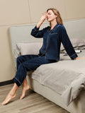 SilkSilky-UK Pure Silk Long Sleeve Lapel Women's Pyjamas DarkBlue 005