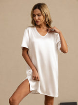 [White] SilkSilky-UK Half Sleeve V Neck Nightdress 003