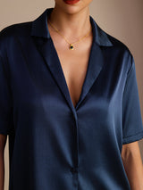 [Dark Blue] SilkSilky-UK Short Sleeve Notch Collar Women's Shirt 004