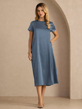 [Real Teal] SilkSilky-UK Short Sleeve Crew Neck Dress 007
