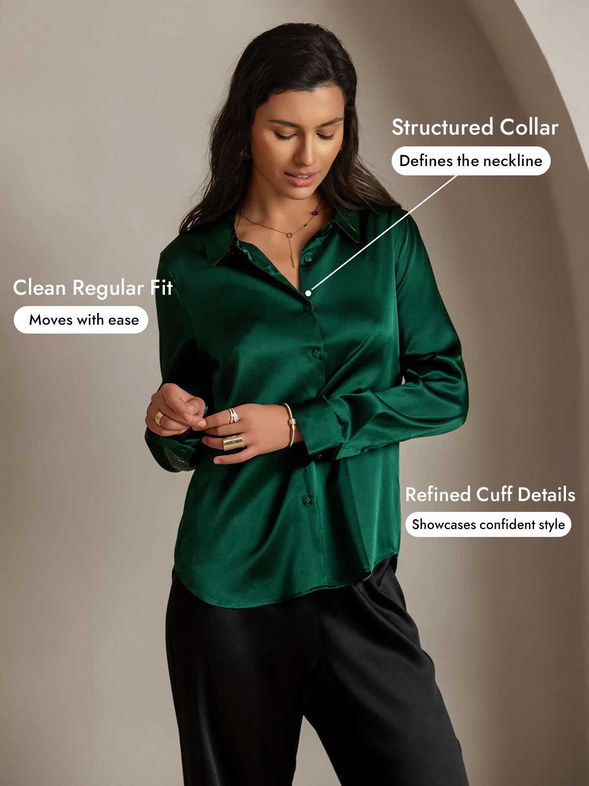 [Dark Green] SilkSilky-UK Silk Long Sleeve Collar Women's Shirt 005