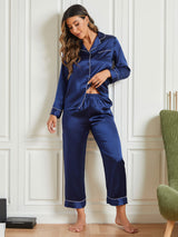 [Dark Blue] SilkSilky-UK Pure Silk Long Sleeve Notch Collar Women's Pyjamas 002