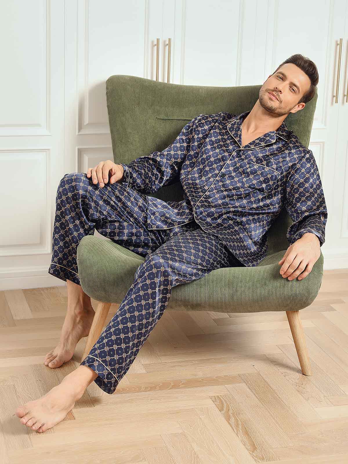 SilkSilky UK 19Momme Pure Silk Long Sleeve Lapel Men's Pyjamas DarkBlue 007