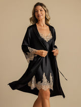 [Black] SilkSilky-UK 3/4 Sleeve V Neck Nightdress&Dressing gowns 007
