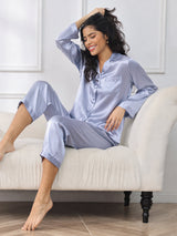 [Steel Blue] SilkSilky-UK Long Sleeve Lapel Collar Women's Pyjamas 001