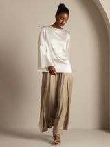 [White] SilkSilky-UK Long Sleeve Boat Neck Blouse 008