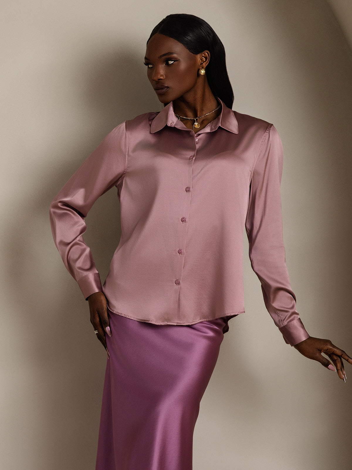 SilkSilky-UK Silk Long Sleeve Collar Women's Shirt PaleMauve 004