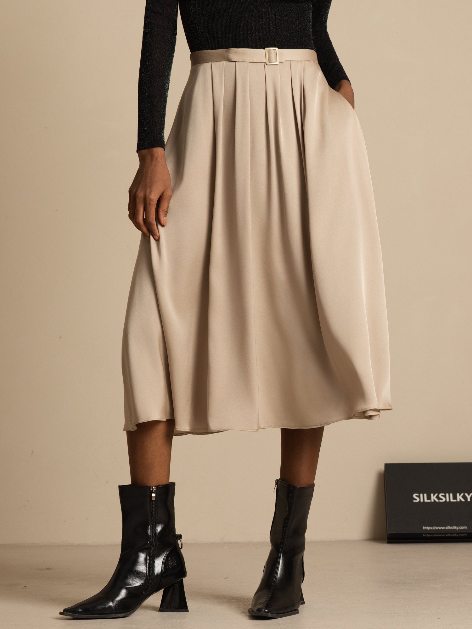 [Tan] SilkSilky-UK 19Momme Stretch Silk Double Georgette Skirt 004