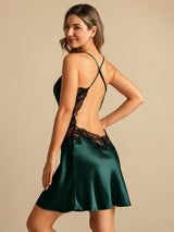 [Emerald Green] SilkSilky-UK Spaghetti Strap V Neck Nightdress 002