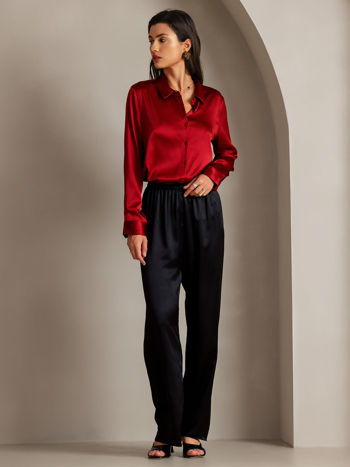 [Red] SilkSilky-UK Silk Long Sleeve Collar Women's Shirt 007