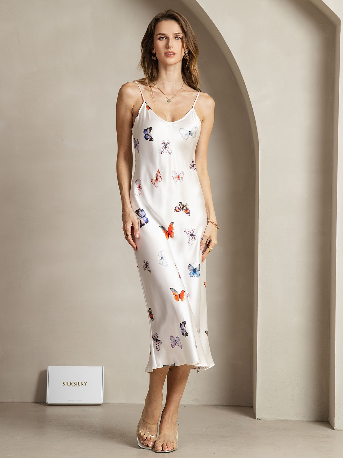 [WhiteButterfly] SilkSilky-UK 19Momme Silk V Neck Dress 003