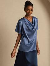 [Real Teal] SilkSilky-UK Short Sleeve Cowl Neck Women's Blouse 007