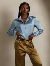 [Grayish Blue] SilkSilky-UK Long Sleeve Lapel Collar Women's Shirt 005