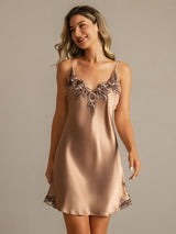 [Brown] SilkSilky-UK Spaghetti Strap V Neck Nightdress 003