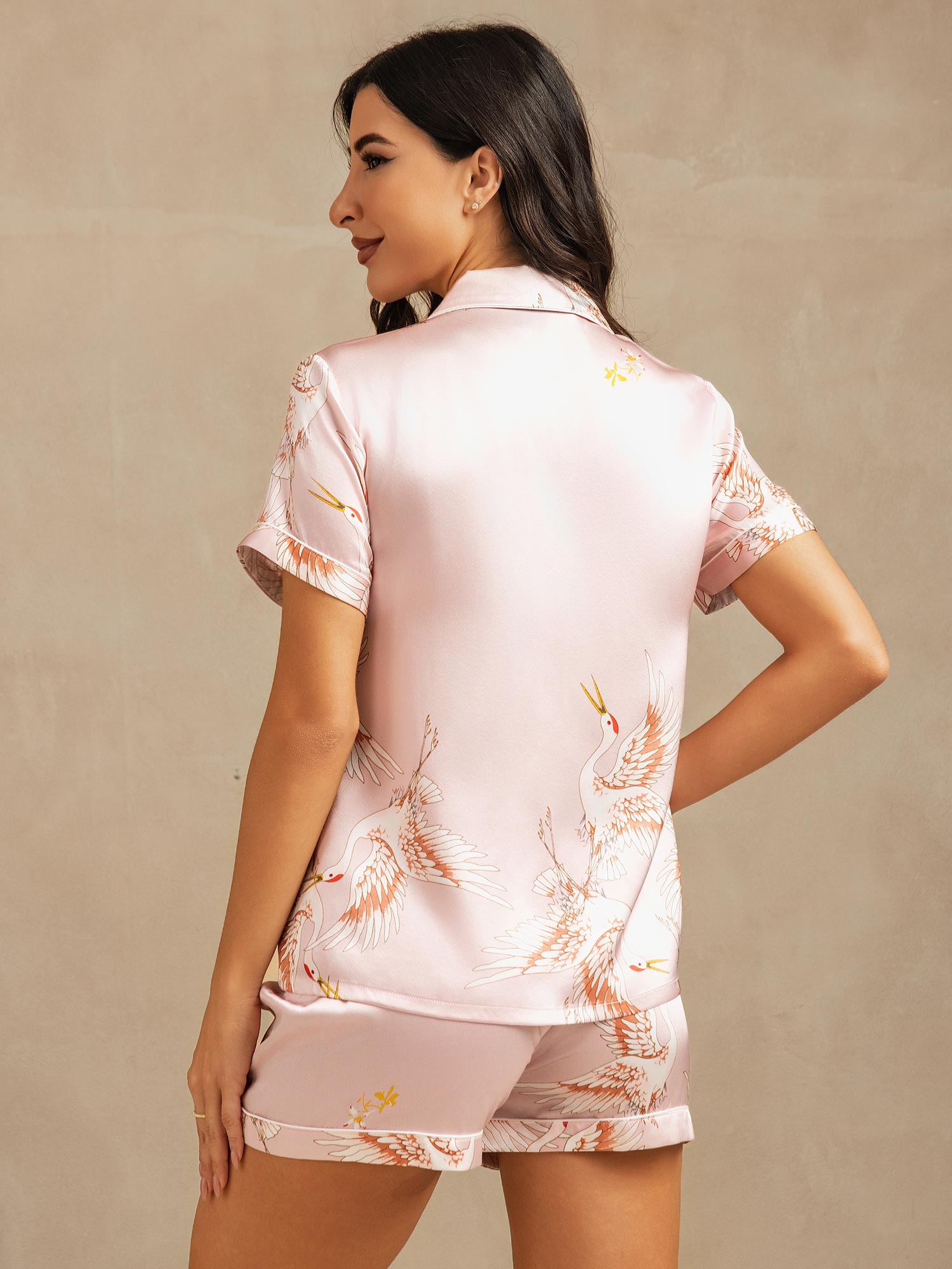 [Pink] SilkSilky-UK 19Momme Pure Silk Short Sleeve Notch Collar Women's Pyjamas 002